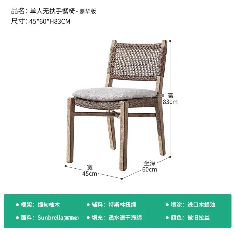 No-EN-Name-Null Outdoor European Free-Standing Brown Rectangle Shaped Wood Frame Table-Bench-Six Mesh Backrest Fabric Beige Cushions Chairs Sets/Colors-Brown/Beige