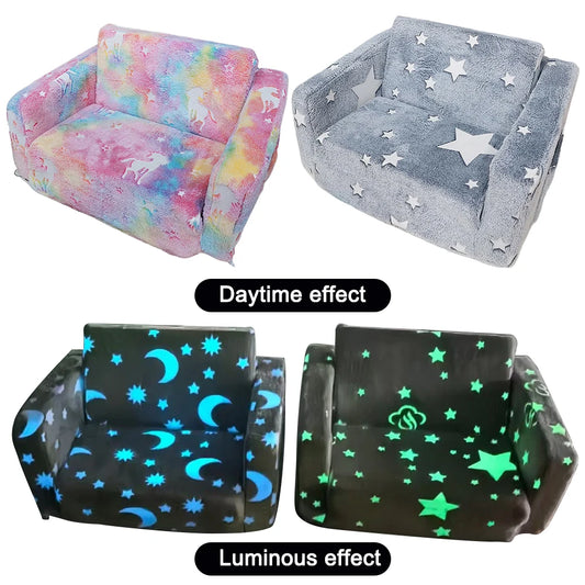 SHUNMAII Modern Babies-Toddlers Upholstered Sponge Padding One-Seat Glow-In-The-Dark-Stars-Half Moons-Clouds Design Soft Gray Polyester Fabric Fold-Out Armchair Play Sofas/Colors-Gray/Multicolor/Animals
