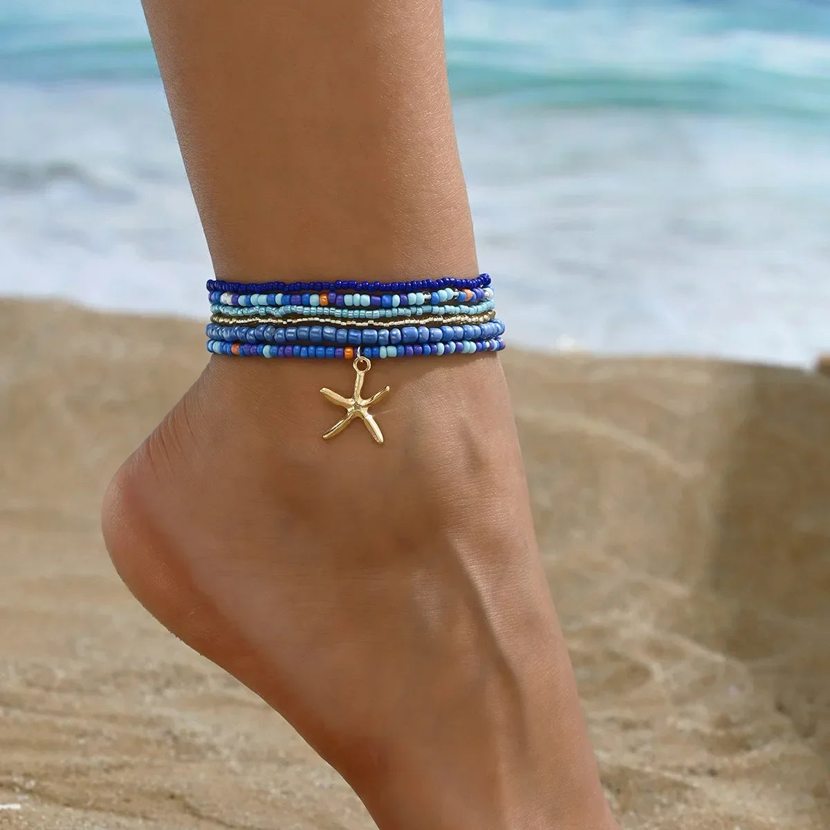No-EN-Name-Null Women Geometric Multilayer Bohemia Acrylic Rice Bead Starfish Pendant Cable Chain Link Anklets/Colors-Brown/Gold/Geometric/Multicolor