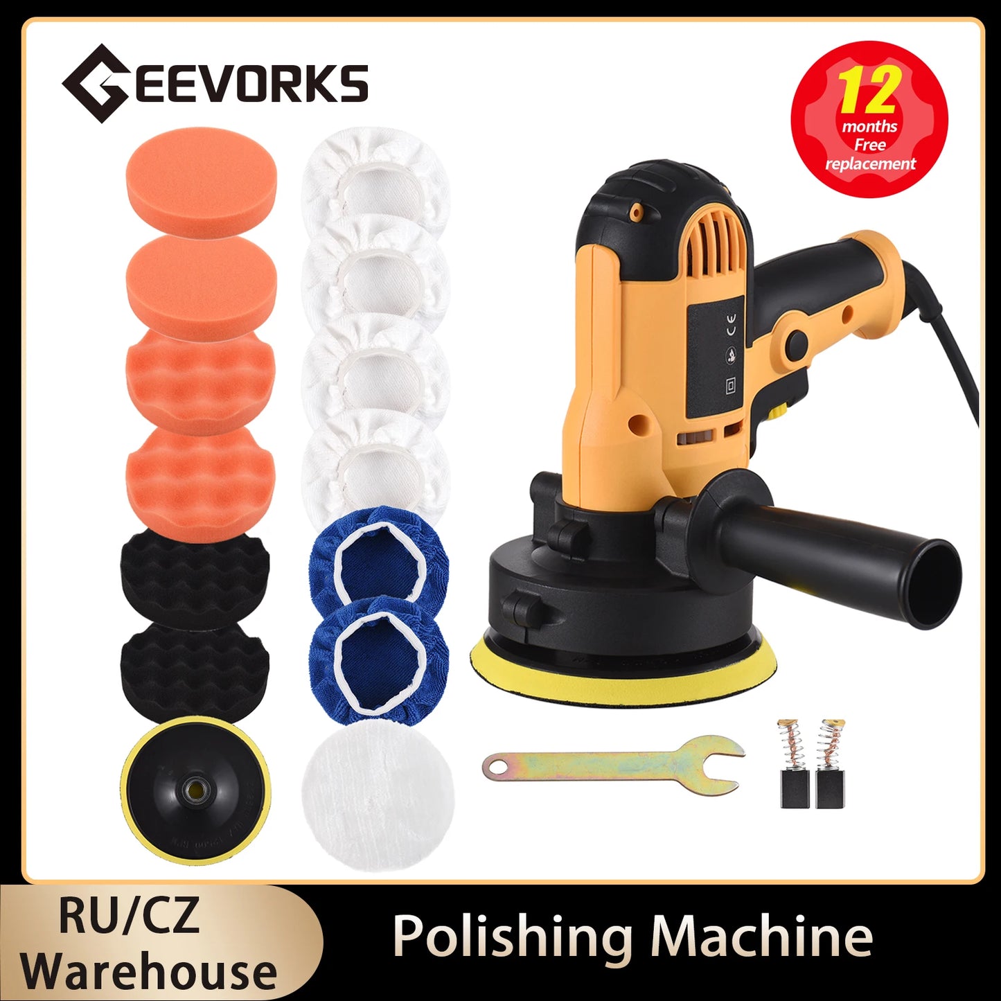 GEEVORKS Yellow-Black Body Plastic 5-Inch Self Adhesive Disc-Shaft AC-Powered Electric Automotive Car Rotary Polishers-Buffers Sets/Colors-Black/Yellow/Blue