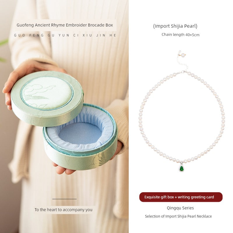 MOUNTAIN RULER Adult Women Fine Imitation Sterling Silver Metal White Mother-Of-Pearl Beads-Natural Green Gourd Jade Pendant Clavicle Chain Necklaces