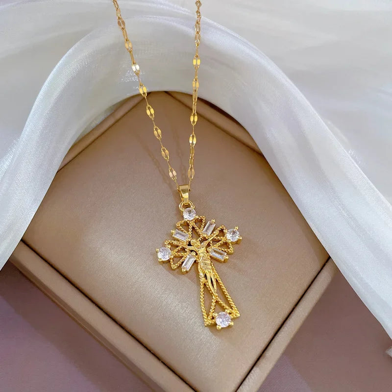 No-EN-Name-Null Women Fine Imitation Stainless Steel Metal Gold-Plated Clear White Shiny Crystal Cubic Zirconia Diamond Accents Stones Hollow Out Cross Pendant Necklaces/Colors-Gold/Silver/Clear/White/Pink/Green