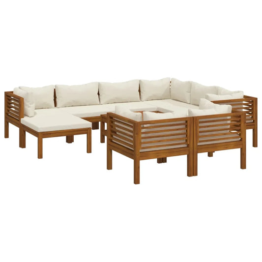 10 Piece Brown Modern Oil Finished Acacia Wood Outdoor Patio Lounge Set w /Polyester Cream Cushions
