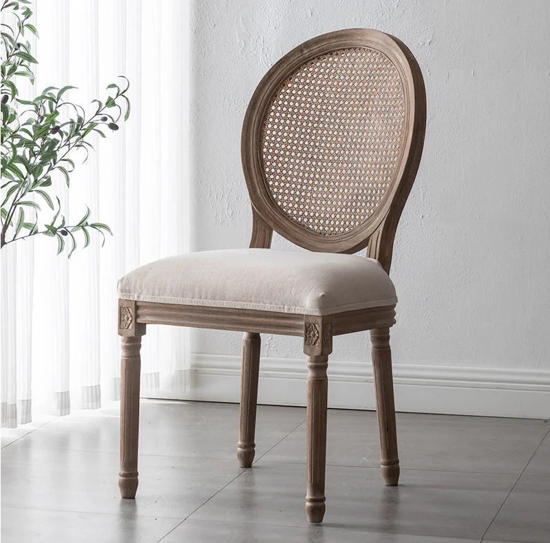 Vintage Solid Wood Armless Rattan Upholstered Mesh French Style Round Backrest Faux Leather Cushion Dining Chairs/Colors-Brown/Beige/Blue