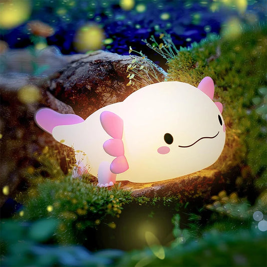 Kids LED Silicone Soft Cute Adorable Little Cartoon Pink Glowing Axolotl Fish Night Lights/Touch Power/ USB Rechargeable Batteries/Batteries Included