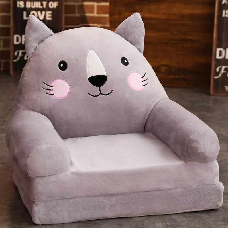 MDNG Modern Kids Customized Upholstered Padding Cute Soft Gray Velvet Fabric Cartoon Animal Faces Folding-Out Play Arm Chairs/Sponge Filling/Colors-Green/Pink/Yellow/Gray/Animals
