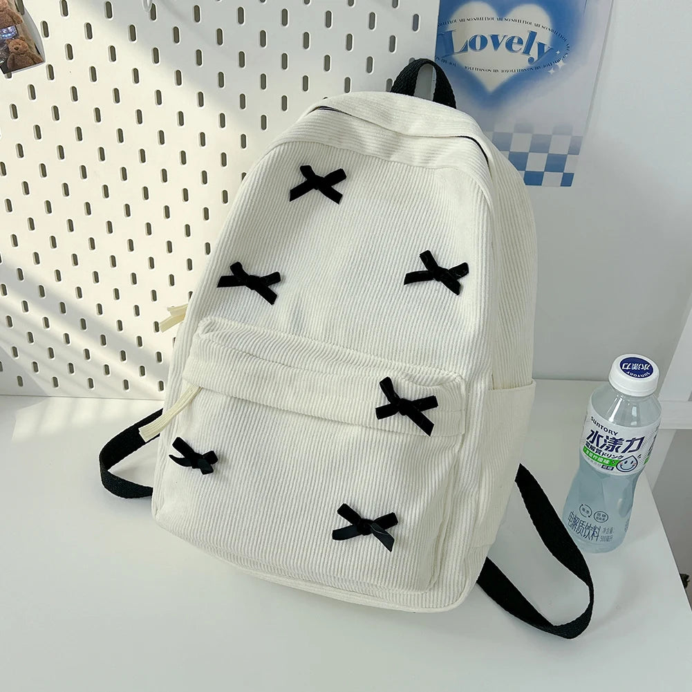 VKTECH Women Lightweight White Corduroy Charming Butterfly One Big-Three Small Black Bowknots Design Zippers Single Compartment Polyester Lining Shoulder Straps-Handle External Pockets School Backpacks/Colors-White/Black/Beige