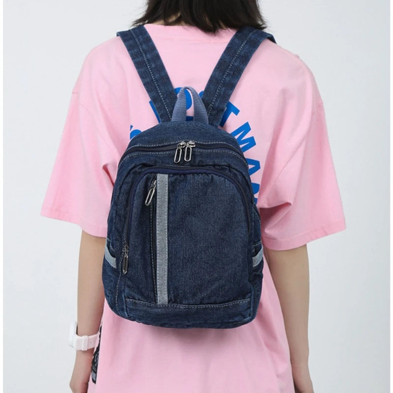 BAELLERRY Light Blue-Deep Blue Denim Jeans Fabric External Metal Zippers-Pockets Canvas Lining One Handle-Two Adjustable Shoulder Straps Large Main Compartment School Backpacks/Water Bottle Holder