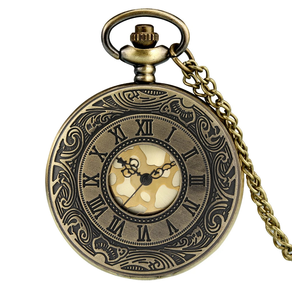 YISUYA Adults Men Antique Quartz Acrylic Face Round Shaped Metal Alloy Case Black Roman Numeral Steampunk Black Necklace Chain-Pocket Watches /Colors-Black/Gold/Silver/Bronze