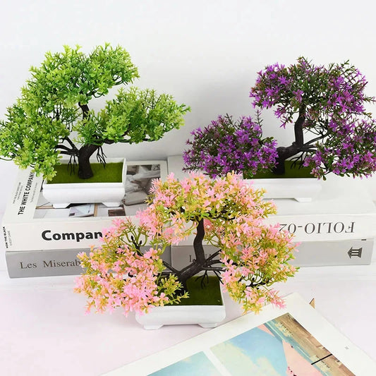 Artificial Small Bonsai Plastic Non-Flowering Plant-Rectangle Flower Pot/Colors-Floral/Green/Black/Pink