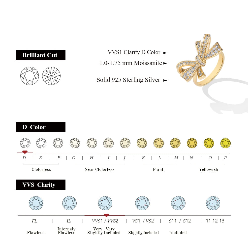 ATTAGEMS Sterling Silver 18K Gold-Plated Bow-Knot Shaped Gold-Silver Full Moissanite Shiny Clear White Imitation Diamond Stones Prong Wedding Solitaire Bands Rings/Colors-Silver/Gold/White