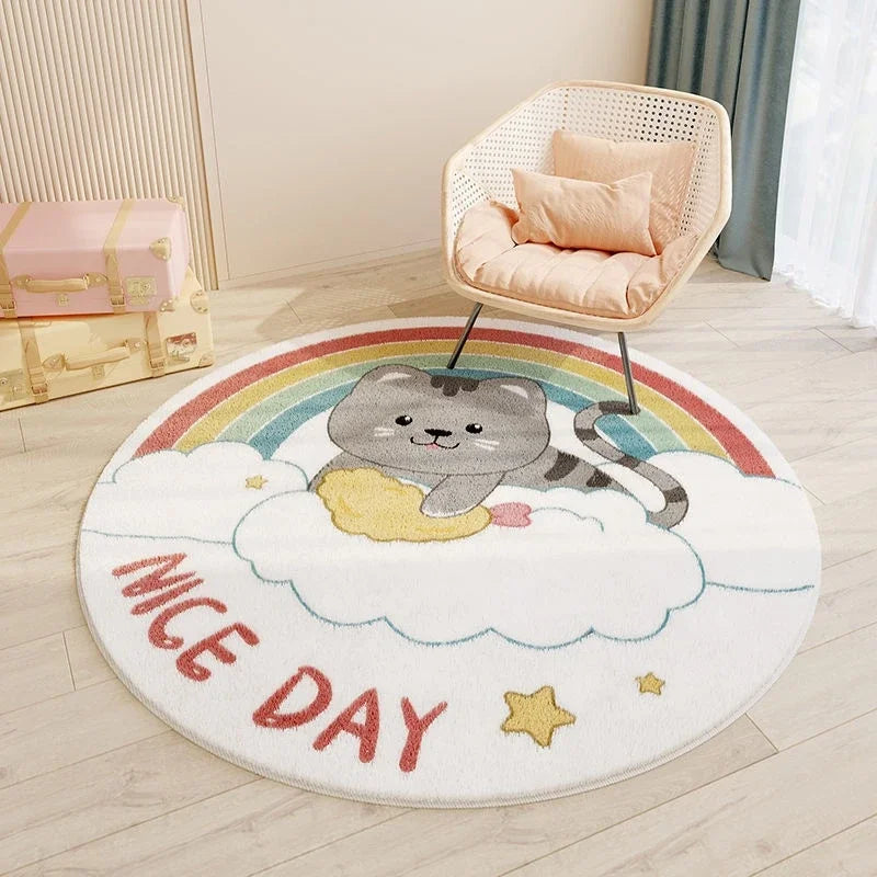 No-EN-Name-Null Printed Non-Toxic Quick-Dry Round Cute Cartoon Gray Animal Cat-Rainbow-White Clouds Nice Day Memory Form Cushion Anti-Slip Bottom Rugs/Colors-Animals/Rainbow/Multicolor/White/Pink/Black/Dots/Yellow/Blue/Geometric