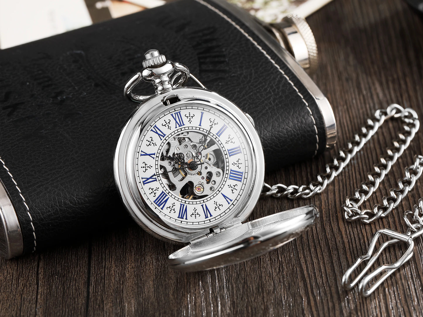 GORBEN Adults Manual Hand Wind Silver Hallow-Out Face Round Shaped Metal Alloy Case Analog Display Roman Numerals Pendant Chain-Pocket Watches/Optional: With Box-Without
