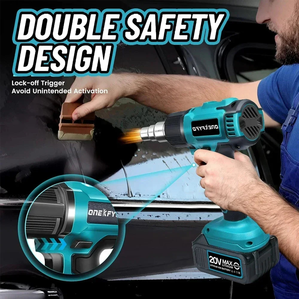 ONEKFYFD Plastic Blue-Black Body Lithium Battery-Powered Rechargeable Cordless Electric Adjustable Temperature 300W Hot Air Guns/2 Lithium Batteries/3 Nozzles/ Charging Cord/Adapt To Makita 18V Lithium Battery/Colors-Blue/Black/Silver