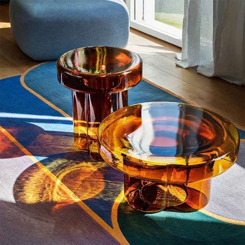 No-EN-Name-Null Modern Non-Toxic Tasteless Petal Side Green-Amber Round Shaped Transparent Blown Glass Corner Coffee Tables