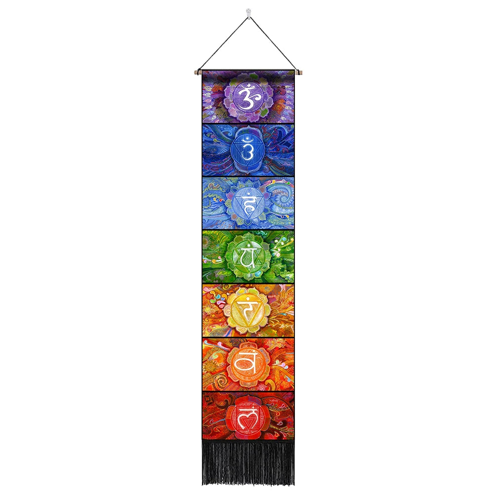 Unisex Rectangle Knitted Cotton-Polyester Blend Printed Soft Fabric 4 Colorful Geometric Chakras Themes Intricated Design Fringed Spiritual Meditation Wall Hanging Tapestries