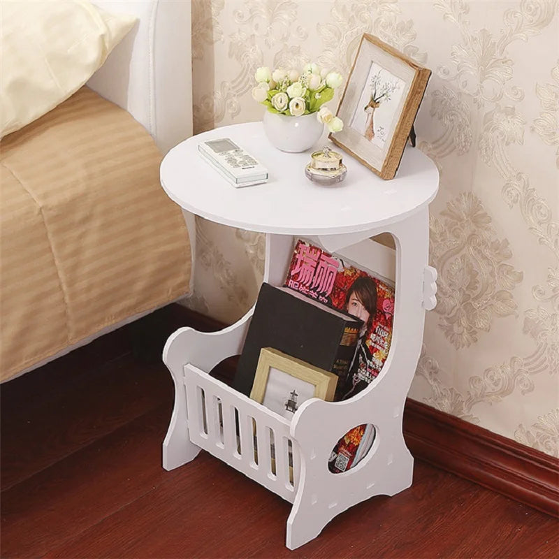 NULL European Mini White Plastic Round Top Solid Wood Base Nightstands