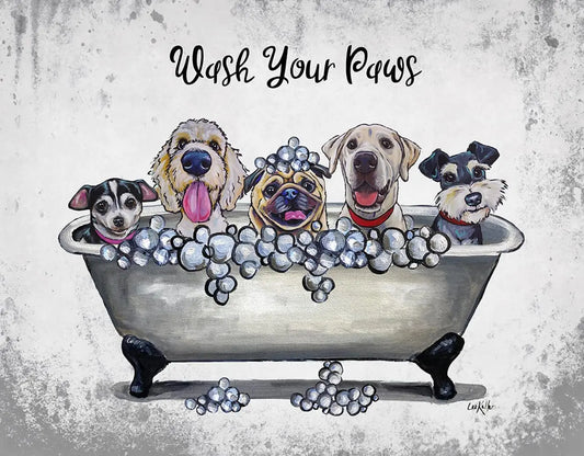 No-EN-Name-Null Vintage Blue Rectangle Dogs In Tub-Wash Your Paws Painted Tin Metal Wall Novelty Signs/Colors-Blue/Animals