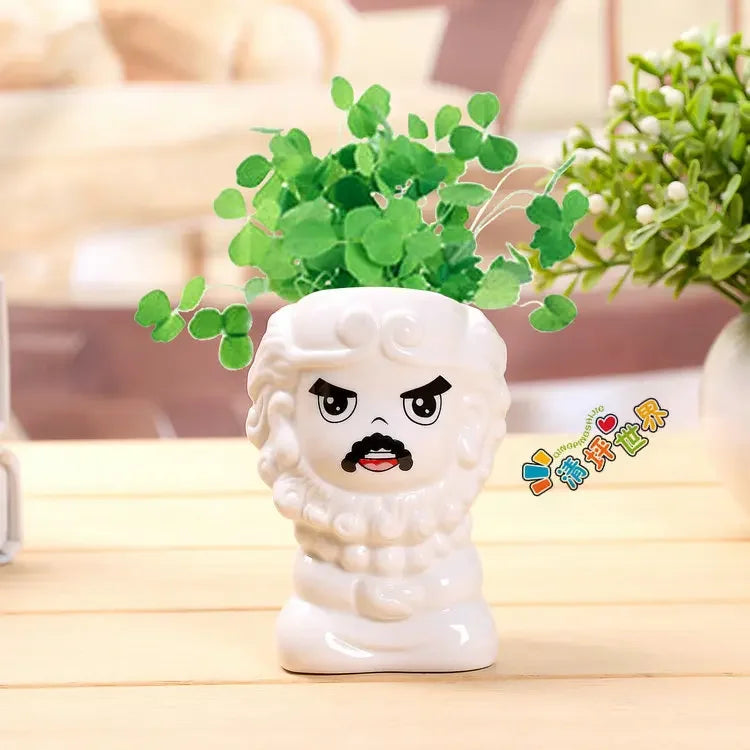 No-EN-Name-Null Indoor Mini Unglazed Ceramic White Cute Cartoon Doll Face Design Desktop Succulent Flower Pots Planters /Colors-White/Black/Yellow/Pink/Green
