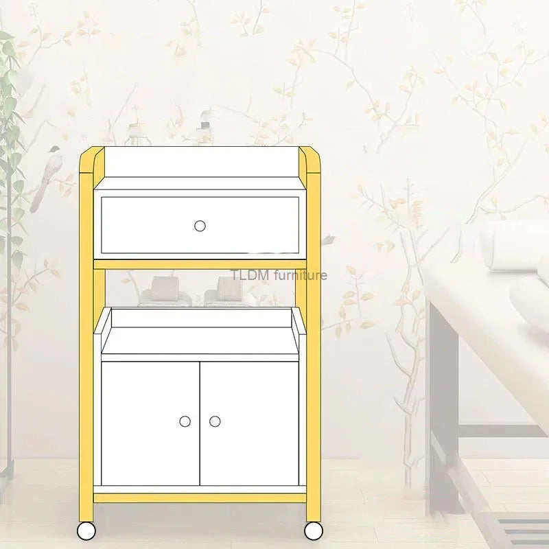DUTRIEUX Modern White One-Storage Cabinet-Lockers Gold Iron Metal Frame Two Sliding Doors Four Black Plastic Wheel Trolley Carts/Colors-Gold/Brown/Black/White