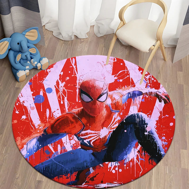 MINISO Round Shaped HD Printed Red Background MARVEL Spider Man Design Anti-Slip Plastic Dots Bottom Fade Resistant Soft Velvet Polyester Fabric RUGS /Colors-Orange/Blue/Red/Multicolor