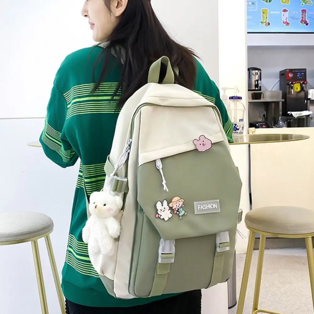 No-EN-Name-Null  Unisex Large Waterproof Lightweight Green Nylon Fabric External Pockets Polyester Lining Double Zippers Adjustable Shoulder Straps-Handle Single Compartment School Backpacks /Colors-Blue/Pink/Black/Green