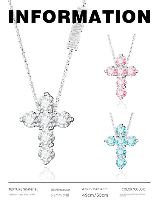 RAWNESS Unisex Couple's Fine Imitation Titanium Steel Metal Gold-Plated BIG Inlaid Artificial Gemstones Multicolor-Clear White Shiny Diamond-Like Moissanite Stones Cross Pendant Chain Hip Hop Necklaces/Colors-Gold/Sliver/Pink/Blue/Clear/White