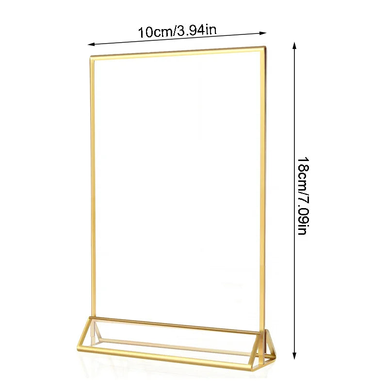 Indoor Gold Edge Color Rectangle Rounded Corner Transparent Clear Acrylic Tabletop Flyer Holder Display Stand Triangle Frame Base/2 Sizes: 4  x 6 Inches-5  x 7 Inches