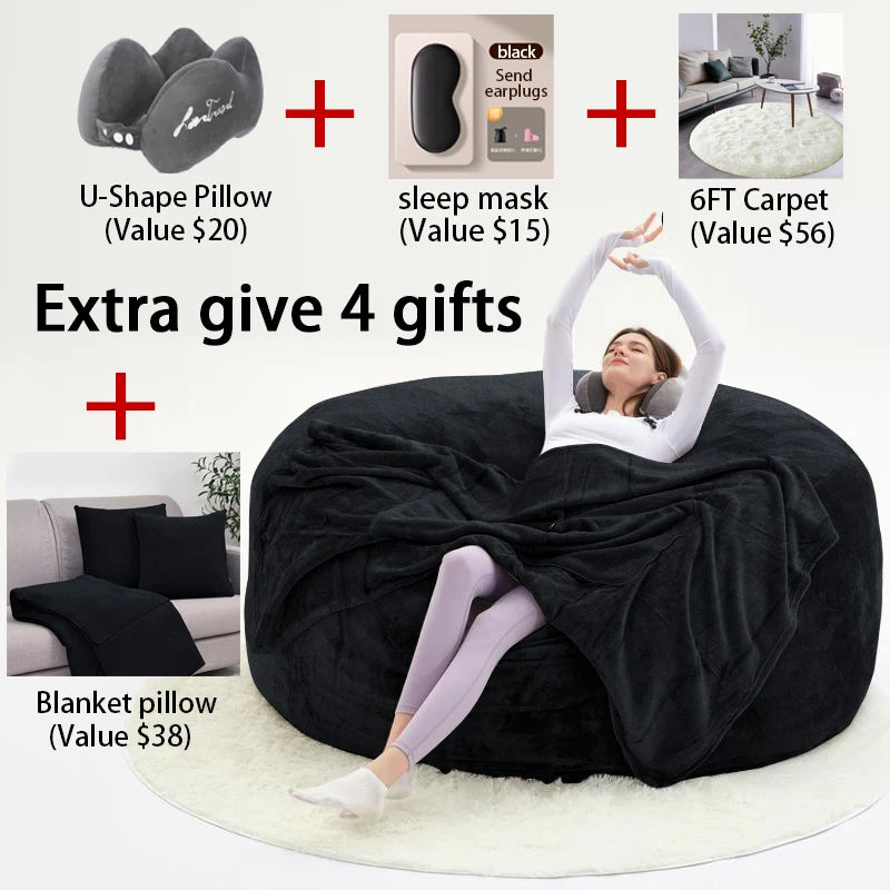 No-EN-Name-Null Modern Italian Design Large Three Seat Soft Plush Brown Round PU Polyester-Flannel Fabric Bean Bag Chairs/Zippered /Removable-Washable Cover/Extra 4 Gifts Included/ Sponge Filler Included /Colors-Gray/Beige/Brown/Blue/Black