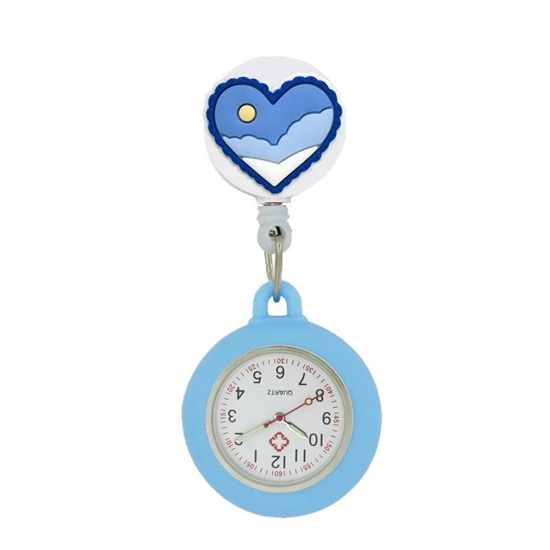 YIJIA Adults Universal Waterproof Metal Quartz Glass Face Analog Display Arabic Numeral Cartoon Cute Heart Nurse-Doctor Clip-On Hanging Lapel Silicone Cover Fob Pocket Watch/Colors-Light Blue/Yellow/Light Pink/White/Neon Pink