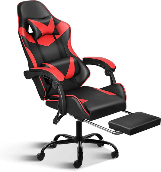 XMSJ Upholstered Padding Faux Leather Black-Red Body Retractable Footrest Customized Adjustable Height-Lumbar Support Gaming Chairs/ Neck Pillow Included