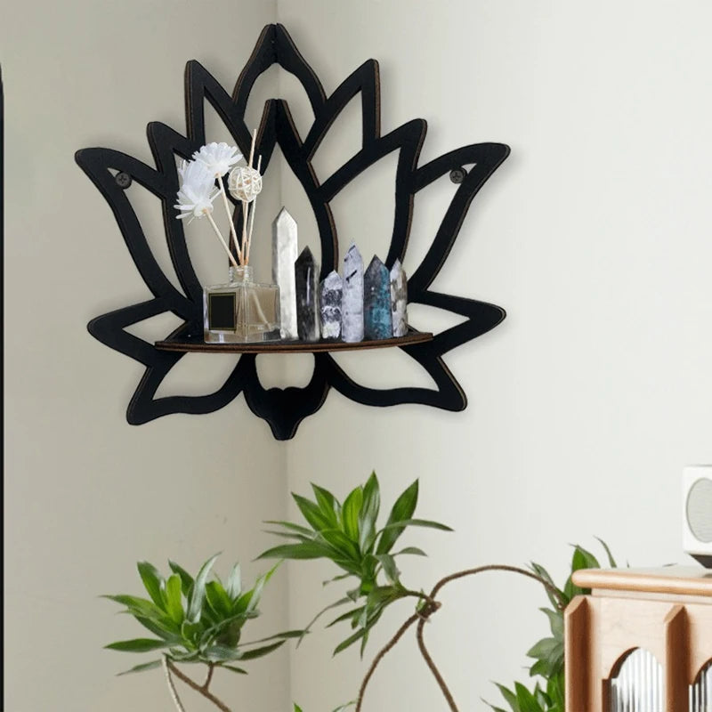 Modern Handmade Unique Creative Bohemia Black Solid Wood Hollow Out Floral Lotus Flower Design Wall Mounted Corner Shelves-Ledges