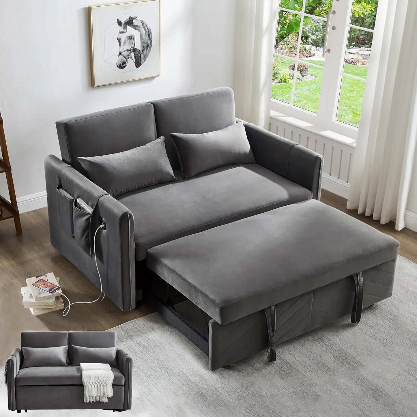 No-EN-Name-Null 3-In-1 Medium Soft Adjustable Backrest Pull Out Black Tuft-White Trim Soft Velvet Fabric Metal Frame Convertible Seat-Recliner-Sleeper Bed Sofas/2 USB Ports /2 Pillars /2 Pockets/Colors-Black Tuft/Gray Tuft/Light Gray Tuft/