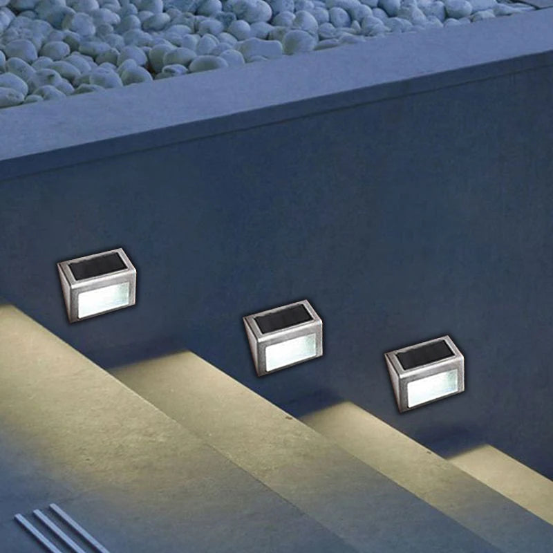 OPPSHINE Outdoor Modern Waterproof Silver-Yellow-White Square PC Plastic Body Warm-Cool White 6 LED Solar-Powered Stainless Steel Metal Step Landscape Pathway Lighting