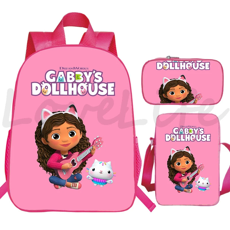 JUNBIE Kids Waterproof Pink Nylon Fabric Cute Cartoon Gabby's Dollhouse Design Zippers Curve Back Shoulder Straps-Handle Built-In Laptop Compartment External Pockets Backpacks/Colors-Pink/Multicolor