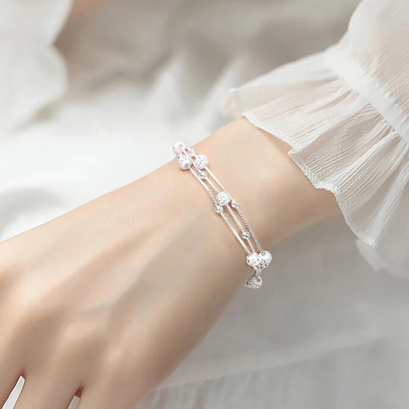VENTFILLE Adult Women Fine Imitation Sterling Silver-Plated Metal Three-Layers Round O Rings Shaped Chain Charms Bracelets