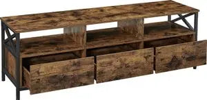 VASAGLE Industrial Adjustable Angle Brown Rectangle Top Black Steel Metal Frame Low Entertainment Centers-TV Stands/ 3 Drawers/ 4 Adjustable Feet/Holds TV Up To 65 Inch/ X-Shaped Struts/ Size: 147 L x 40 W x 50 H cm