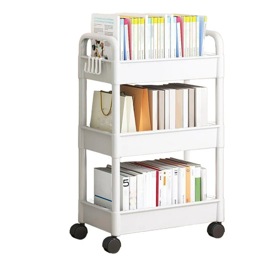 3-Tier White/Black Storage Utility Carts/Lockable Plastic Wheels 360 degrees two wheels with brake pads.