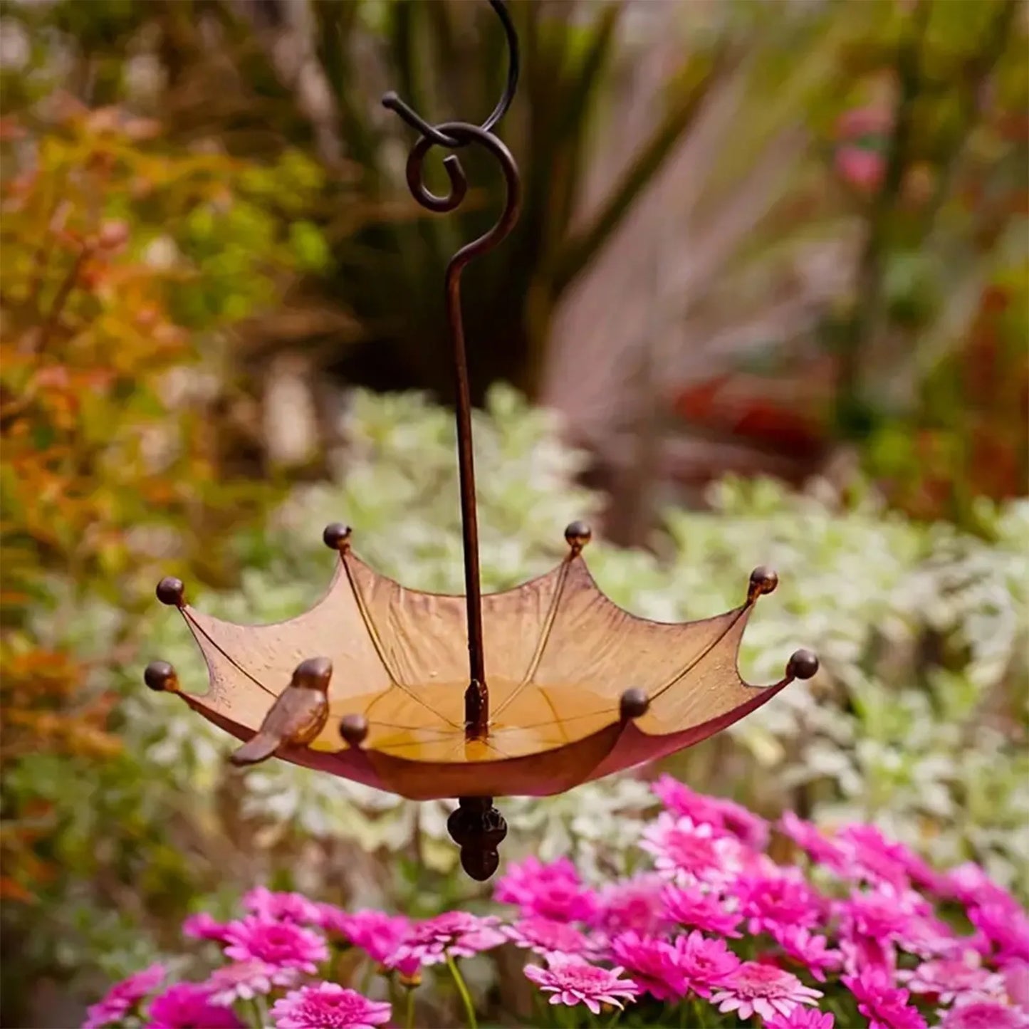 ISHOWTIENDA Outdoor Black Iron Metal Stainless Steel Hanging Upside Down Umbrella Shaped Garden Bird Bath Bowl-Bird Feeders/Colors-Black/Brown/Bronze