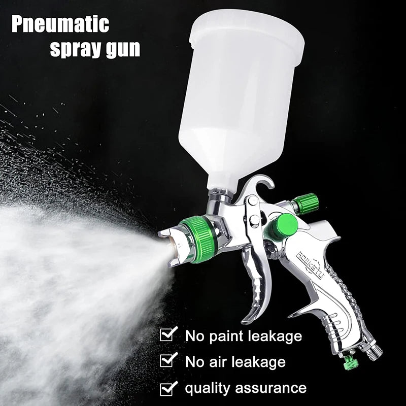 JUNEFOR Handheld Pneumatic Power Gravity Feed White PVC Plastic Cup-Green Trim High Volume Low Pressure Adjustable Silver Stainless Steel Needle-Nozzle Large Professional Paint Sprayers