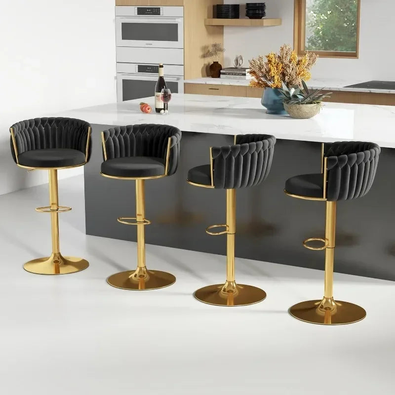 No-EN-Name-Null 4 PCS Modern Black Swivel Woven Low Backrest Soft Upholstered Velvet Seat Cushion Adjustable Height Gold Round Metal Base Non-Slip Rubber Ring Bottom Barstool Sets/ Colors-4 pcs Rose Red/4 pcs Beige/4 pcs Black/4 pcs Gray