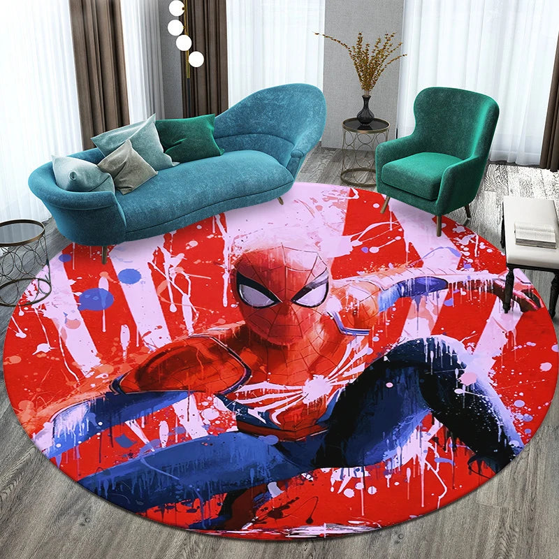 MINISO Round Shaped HD Printed Red Background MARVEL Spider Man Design Anti-Slip Plastic Dots Bottom Fade Resistant Soft Velvet Polyester Fabric RUGS /Colors-Orange/Blue/Red/Multicolor