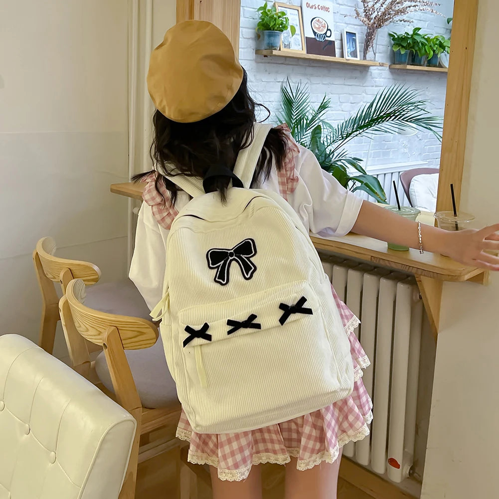 VKTECH Women Lightweight White Corduroy Charming Butterfly One Big-Three Small Black Bowknots Design Zippers Single Compartment Polyester Lining Shoulder Straps-Handle External Pockets School Backpacks/Colors-White/Black/Beige