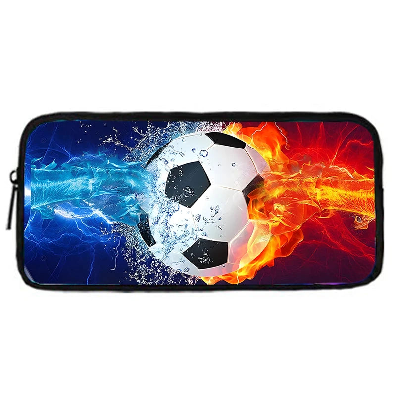MINISO Kids 3 PCS Large Waterproof Nylon Fabric Zippers Exterior Pockets Printed-Burning Flames Soccer Ball Design Curved Back Shoulder Straps-Handle Sports IPAD Compartment School Backpacks/Color-Black/White/Blue/Multicolor