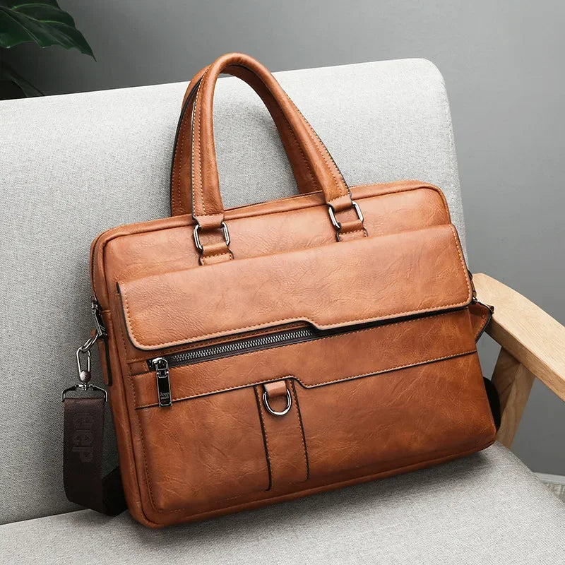 No-EN-Name-Null Men Waterproof Brown-Black Soft Faux Leather Rectangle Shaped Suitcase Padding Interior Polyester Lining Metal Zipper External Pockets Two Handles-Detachable Shoulder Straps External Pockets Built-In Laptop Compartment Business Briefcases
