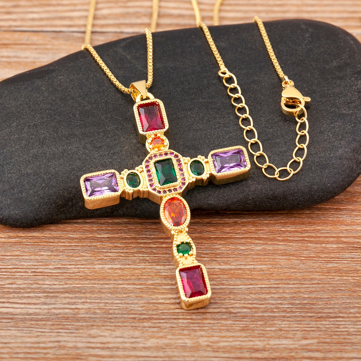 NIDIN Adults Fine Imitation Religious Christian CROSS AAA Large Size Cubic Zirconia Geometric Multicolor-Shiny Clear White Diamond-Like Accents Stones Copper-Gold-Plated Metal Pendant Chain Link Necklaces/Colors-