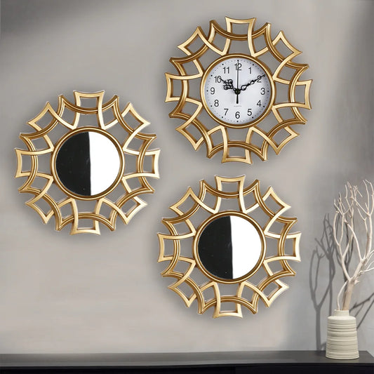 3 PCS Set Round Glass Mirror Abstract European Geometric Antique Gold Frame Plastic Wall Clocks