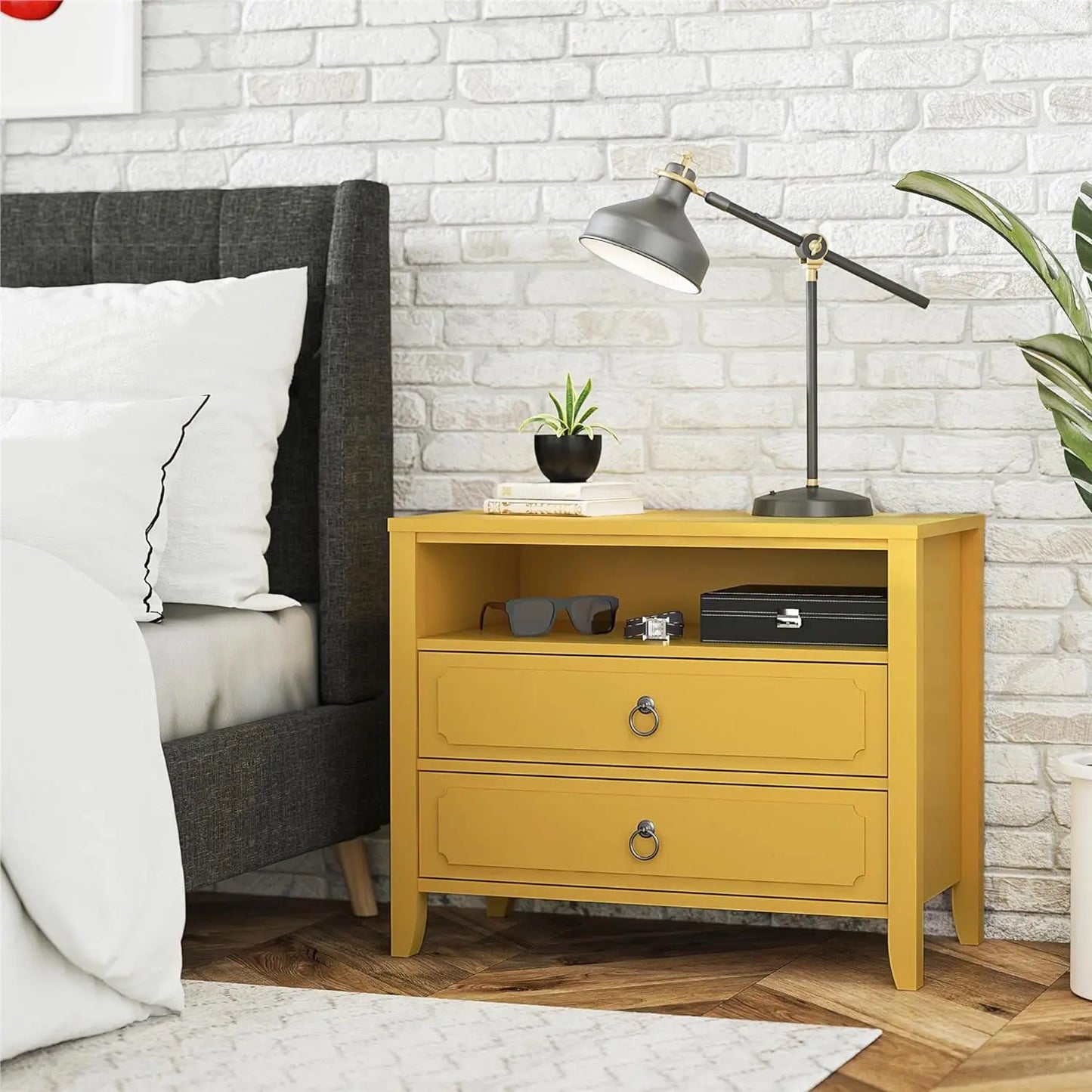 RUO WU Modern Her Majesty Blue Rectangle Shaped Solid Wood Two Drawers Bedside Nightstands/Colors-Mustard Yellow/Blue/Emerald Green/Lavender