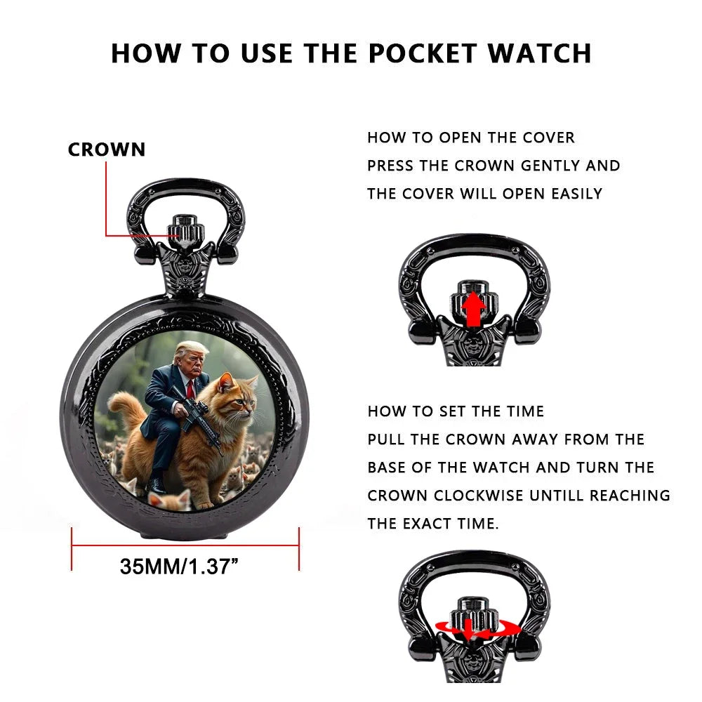 No-EN-Name-Null Adults Antique Quartz Analog Display Acrylic Face Black Metal Alloy Case Humorous Funny Trump Riding Red Tabby Cat-Holding A Automatic Weapon Design Glass Dome Cover The Durable Chain-Pocket Watches/Colors-Gold/Silver/Black/Bronze