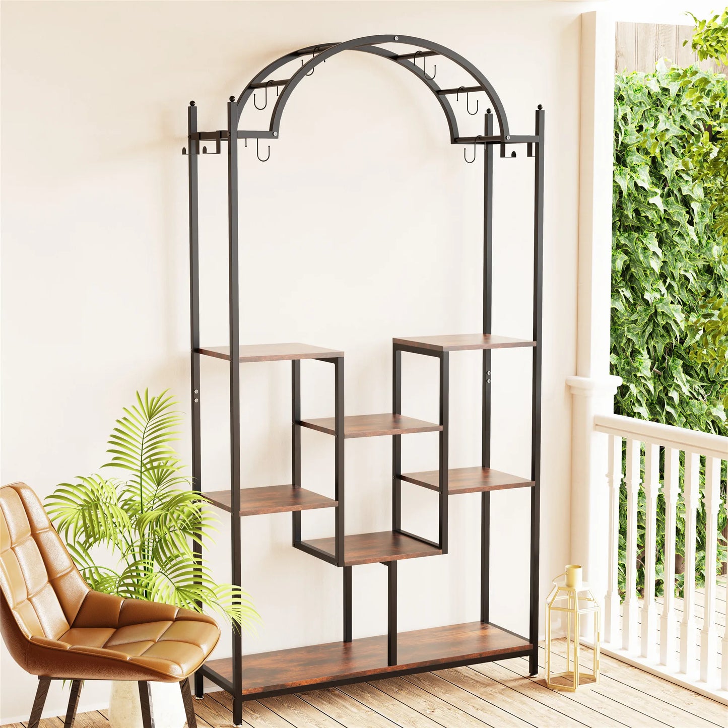BINGOPAW 5-Tier Indoor Arched Heavy Duty Iron Metal Plant Stands / Pine Chipboard Shelves/Hanging Hooks